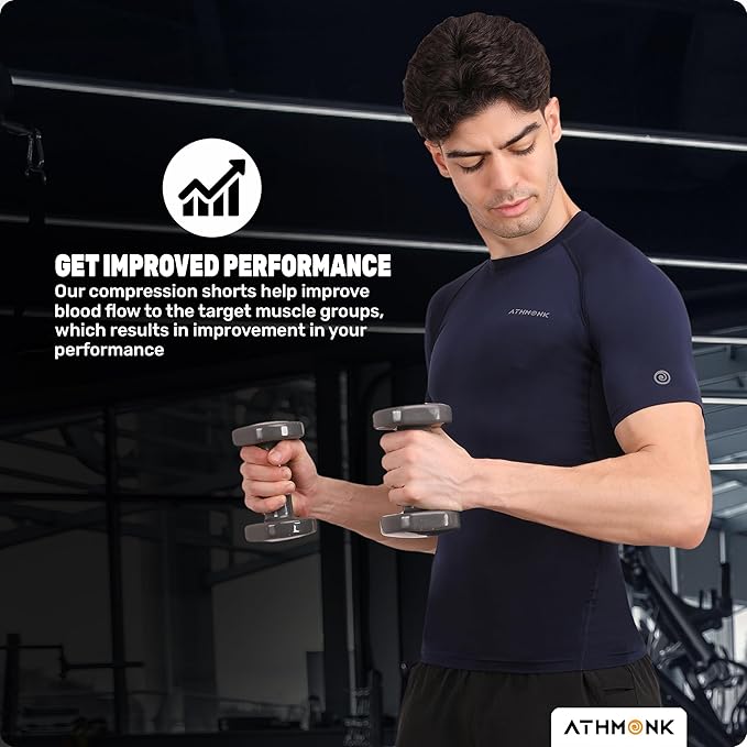 Athmonk Compression T-Shirt Vest Body Shaper Half Sleeve for Men Boys Branded - Nylon Lycra Fabric - Workout Gym Cricket Football Sports Training - Keep Dry Tight Skin Fit - Round Neck